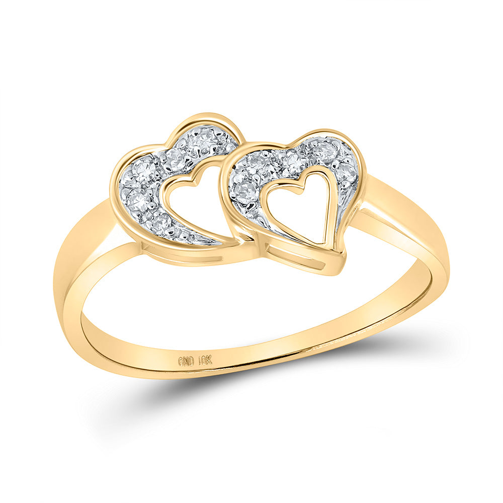 10KT YELLOW GOLD WOMENS ROUND DIAMOND DOUBLE HEART RING 1/20 CTTW