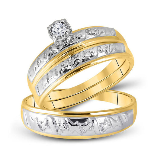10KT YELLOW GOLD HIS HERS ROUND DIAMOND SOLITAIRE MATCHING WEDDING SET 1/20 CTTW