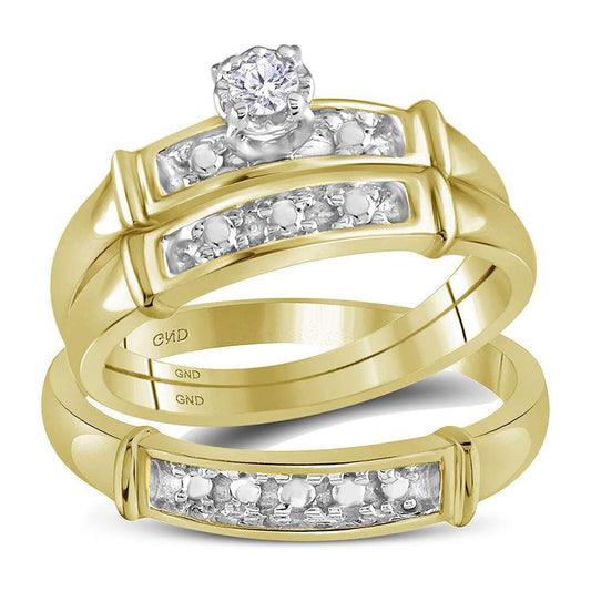10KT YELLOW GOLD HIS HERS ROUND DIAMOND SOLITAIRE MATCHING WEDDING SET 1/10 CTTW