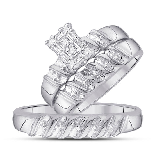 10KT WHITE GOLD HIS HERS ROUND DIAMOND CLUSTER MATCHING WEDDING SET 1/10 CTTW