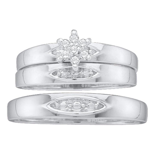 10KT WHITE GOLD HIS HERS ROUND DIAMOND CLUSTER MATCHING WEDDING SET 1/12 CTTW