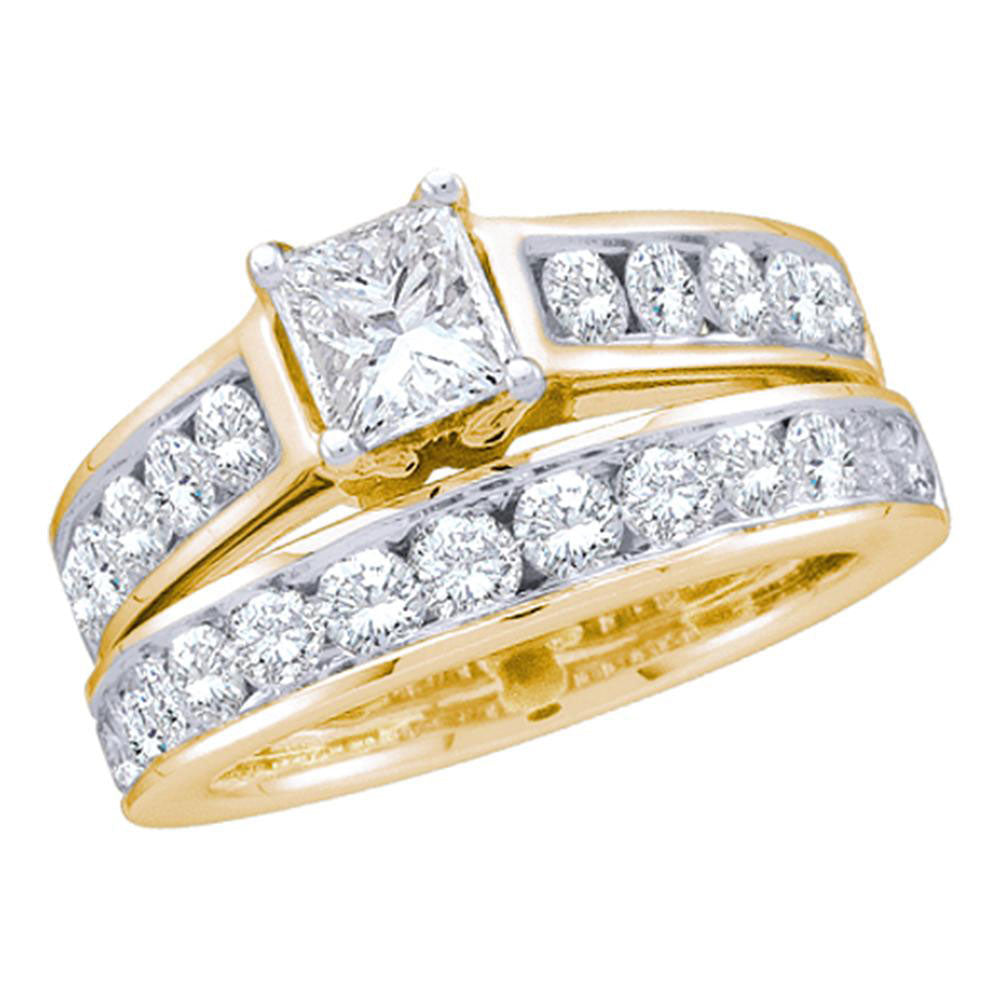 14KT YELLOW GOLD PRINCESS DIAMOND BRIDAL WEDDING RING BAND SET 1 CTTW
