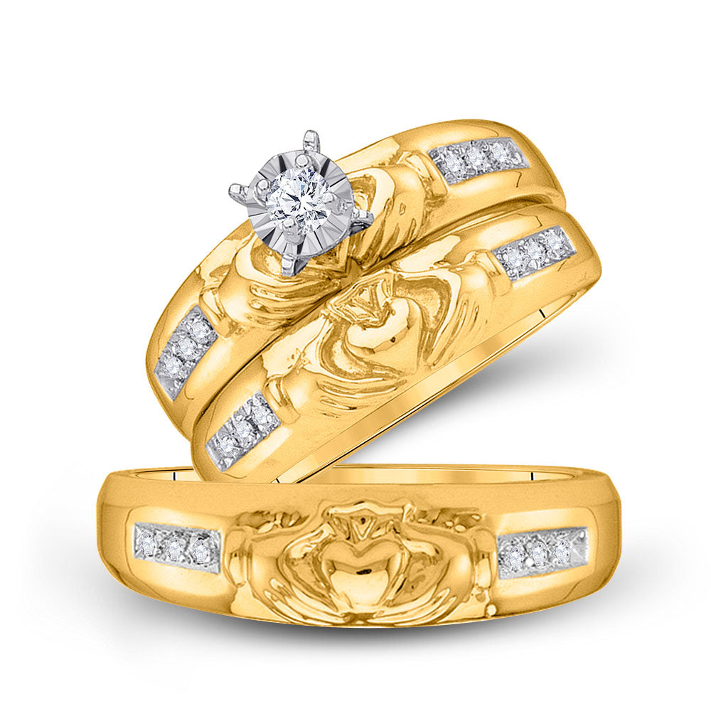 10KT YELLOW GOLD HIS HERS ROUND DIAMOND CLADDAGH MATCHING WEDDING SET 1/8 CTTW