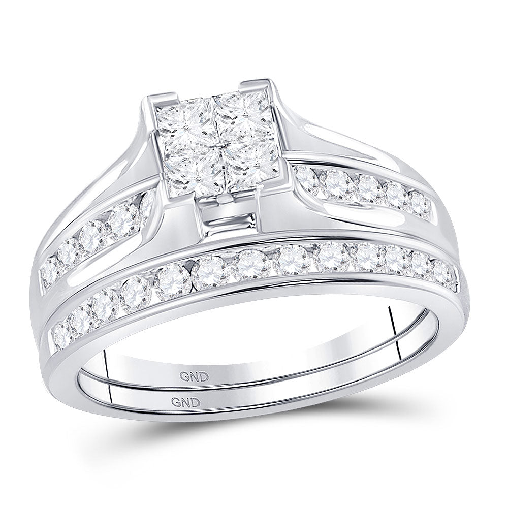 14KT WHITE GOLD PRINCESS DIAMOND BRIDAL WEDDING RING BAND SET 1 CTTW - SIZE 7