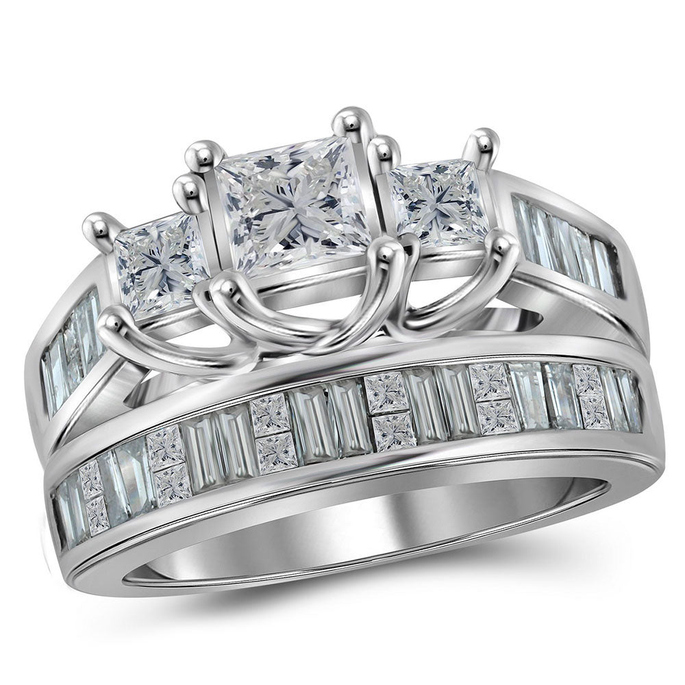 14KT WHITE GOLD PRINCESS DIAMOND 3-STONE BRIDAL WEDDING RING BAND SET 2 CTTW