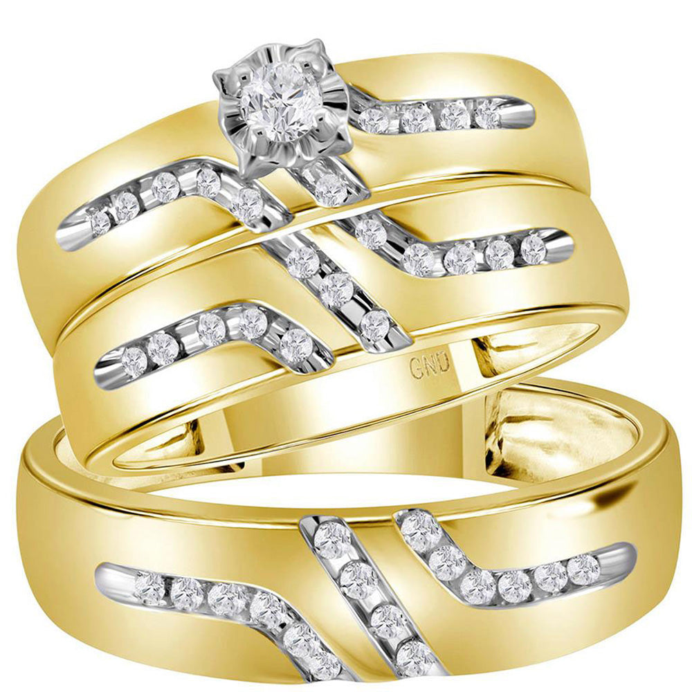 10KT YELLOW GOLD HIS HERS ROUND DIAMOND SOLITAIRE MATCHING WEDDING SET 1/4 CTTW