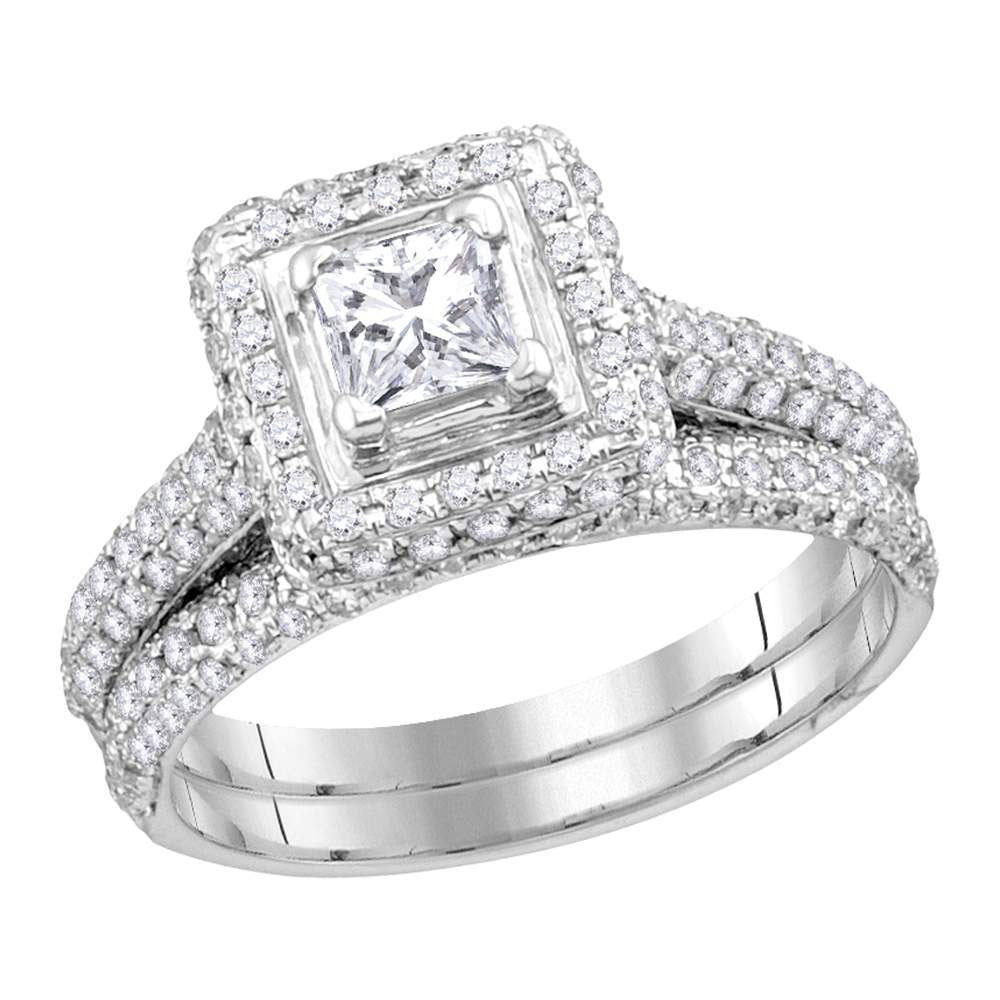 14KT WHITE GOLD PRINCESS DIAMOND HALO BRIDAL WEDDING RING BAND SET 1-1/4 CTTW