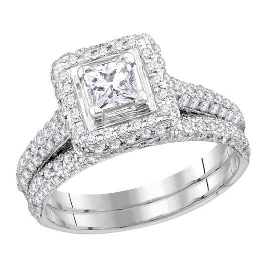 14KT WHITE GOLD PRINCESS DIAMOND HALO BRIDAL WEDDING RING BAND SET 1-1/4 CTTW