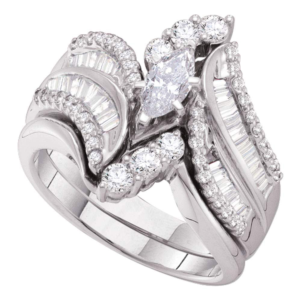 14KT WHITE GOLD MARQUISE DIAMOND BRIDAL WEDDING RING BAND SET 1-1/2 CTTW
