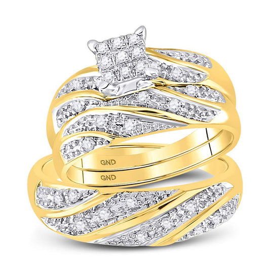 10KT YELLOW GOLD HIS HERS ROUND DIAMOND SQUARE MATCHING WEDDING SET 1/3 CTTW