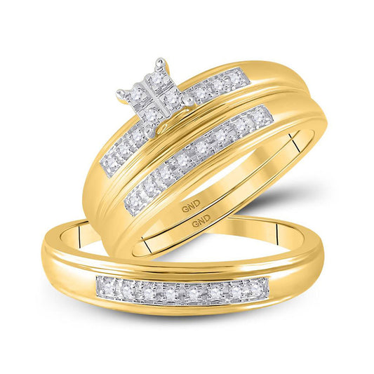 14KT YELLOW GOLD HIS HERS ROUND DIAMOND SQUARE MATCHING WEDDING SET 1/5 CTTW