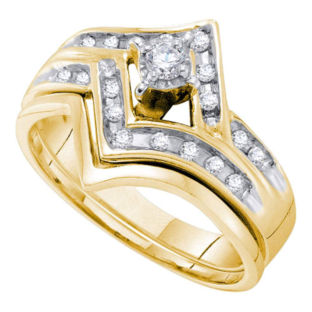 10KT YELLOW GOLD ROUND DIAMOND CHEVRON BRIDAL WEDDING RING BAND SET 1/4 CTTW