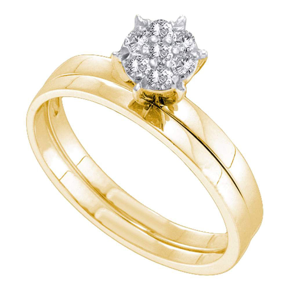 10KT YELLOW GOLD ROUND DIAMOND CLUSTER BRIDAL WEDDING RING BAND SET 1/6 CTTW