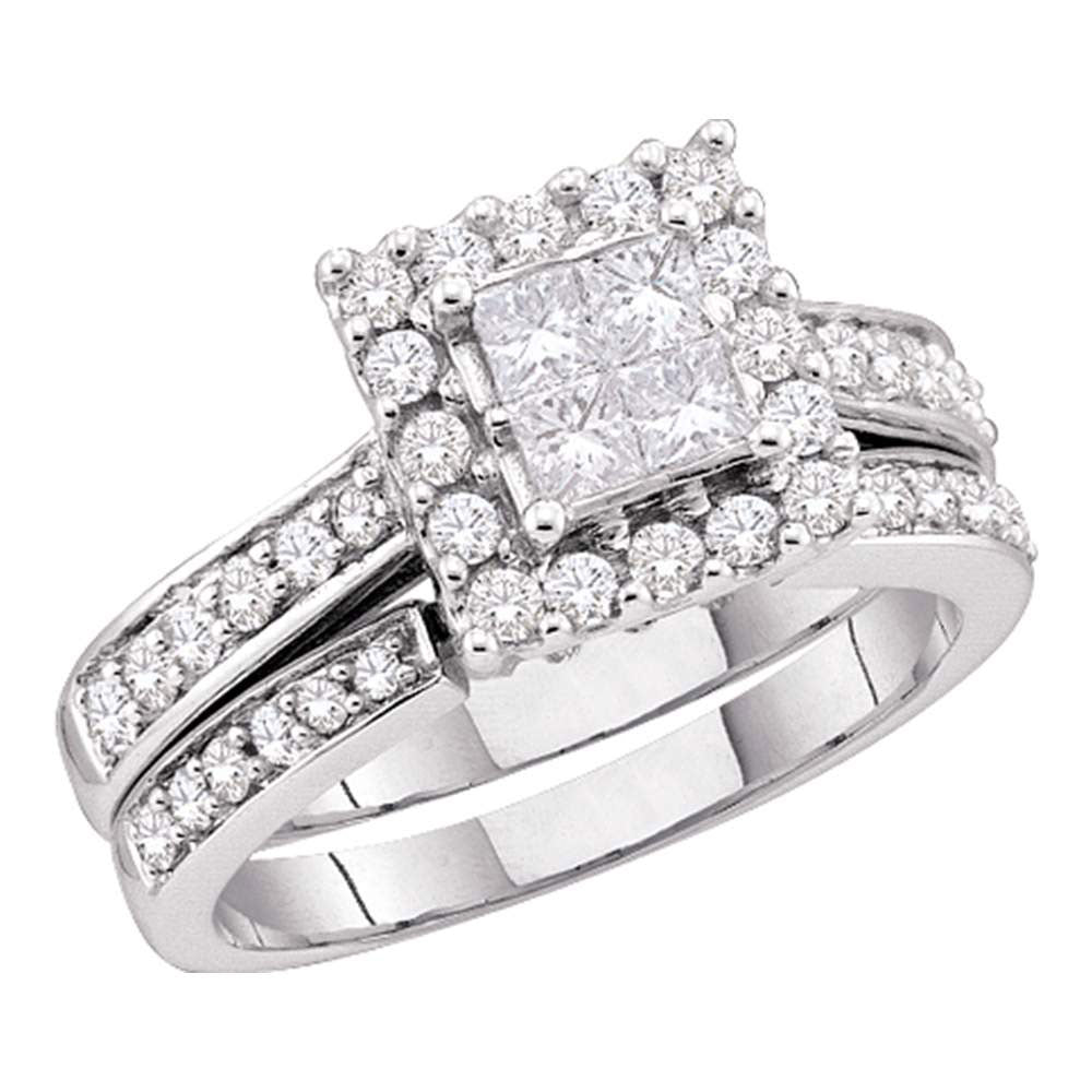 14KT WHITE GOLD PRINCESS DIAMOND HALO BRIDAL WEDDING RING BAND SET 1/2 CTTW