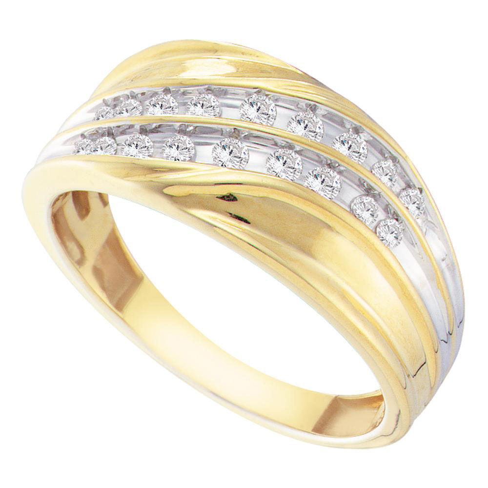 10KT YELLOW GOLD MENS ROUND CHANNEL-SET DIAMOND DIAGONAL DOUBLE ROW WEDDING BAND 1/3 CTTW