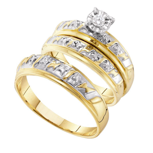 14KT YELLOW GOLD HIS HERS ROUND DIAMOND SOLITAIRE MATCHING WEDDING SET 1/20 CTTW