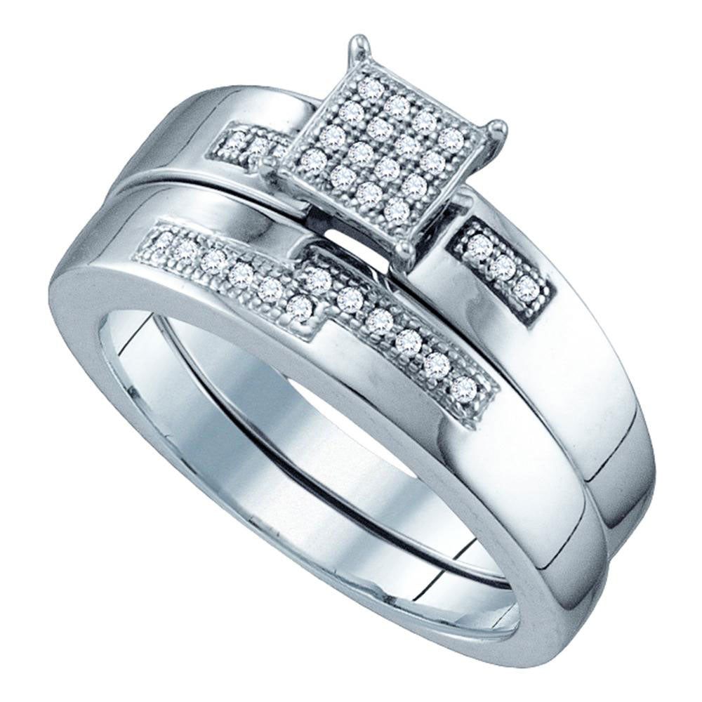 STERLING SILVER ROUND DIAMOND BRIDAL WEDDING RING BAND SET 1/10 CTTW