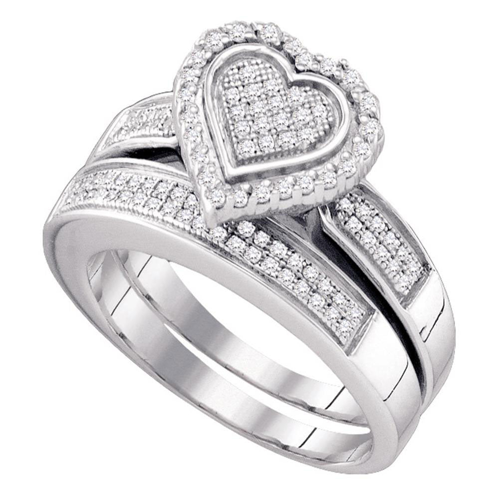 STERLING SILVER ROUND DIAMOND HEART BRIDAL WEDDING RING BAND SET 3/8 CTTW