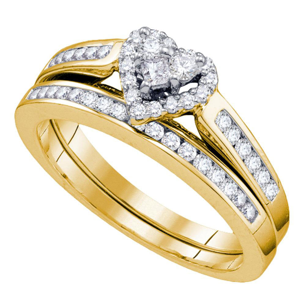 14KT YELLOW GOLD DIAMOND HEART BRIDAL WEDDING RING BAND SET 1/2 CTTW