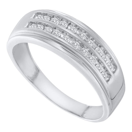 14KT WHITE GOLD MENS ROUND DIAMOND 2-ROW WEDDING ANNIVERSARY BAND RING 1/4 CTTW