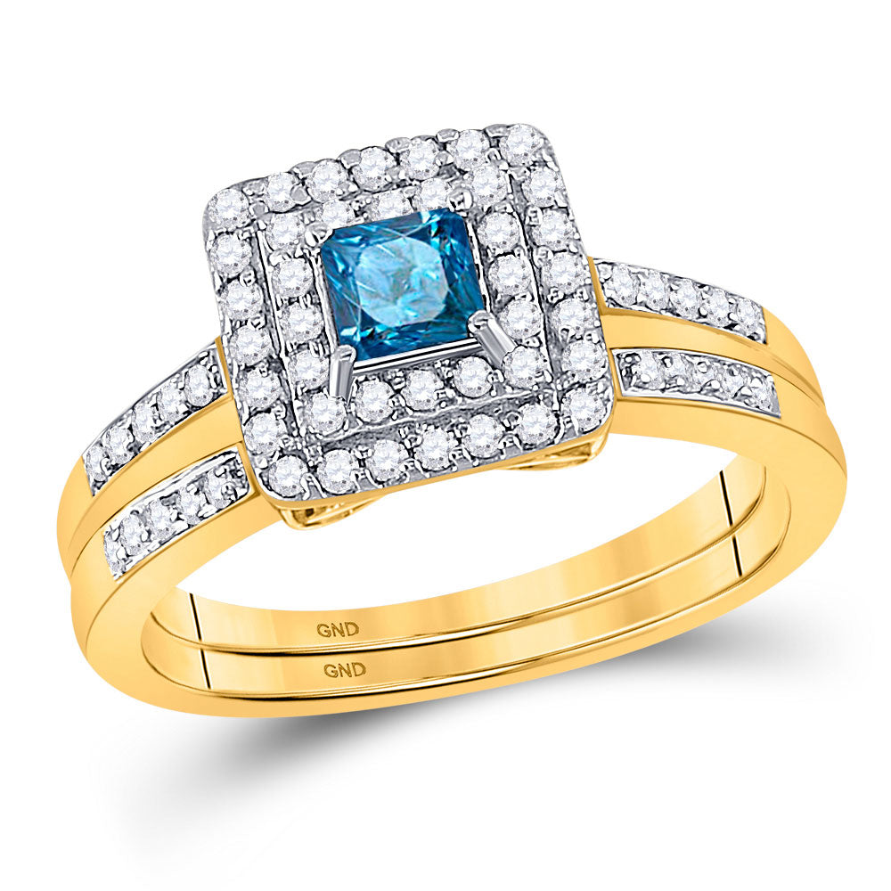 14KT YELLOW GOLD WOMENS PRINCESS BLUE COLOR ENHANCED DIAMOND BRIDAL WEDDING RING SET 7/8 CTTW