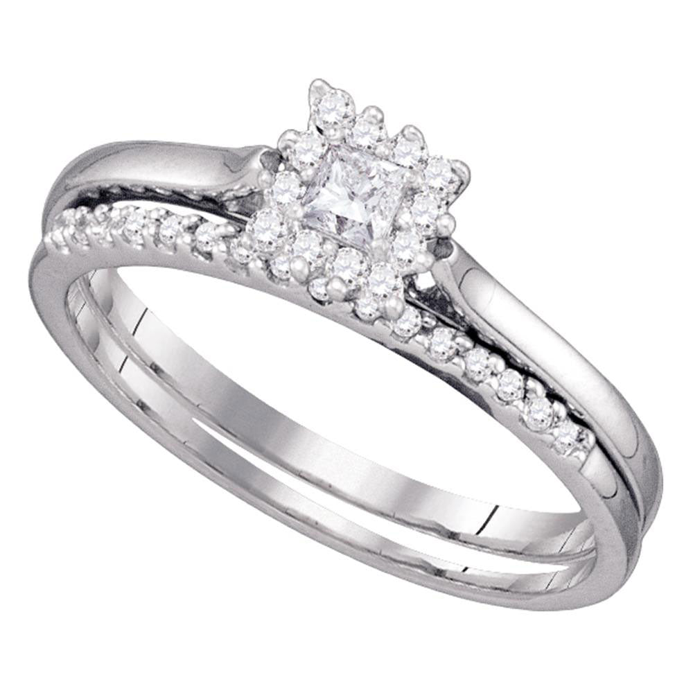 10KT WHITE GOLD PRINCESS DIAMOND HALO BRIDAL WEDDING RING BAND SET 1/4 CTTW