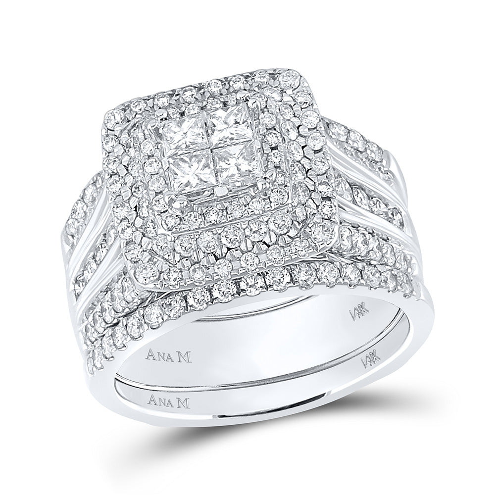 14KT WHITE GOLD PRINCESS DIAMOND HALO BRIDAL WEDDING RING BAND SET 2 CTTW