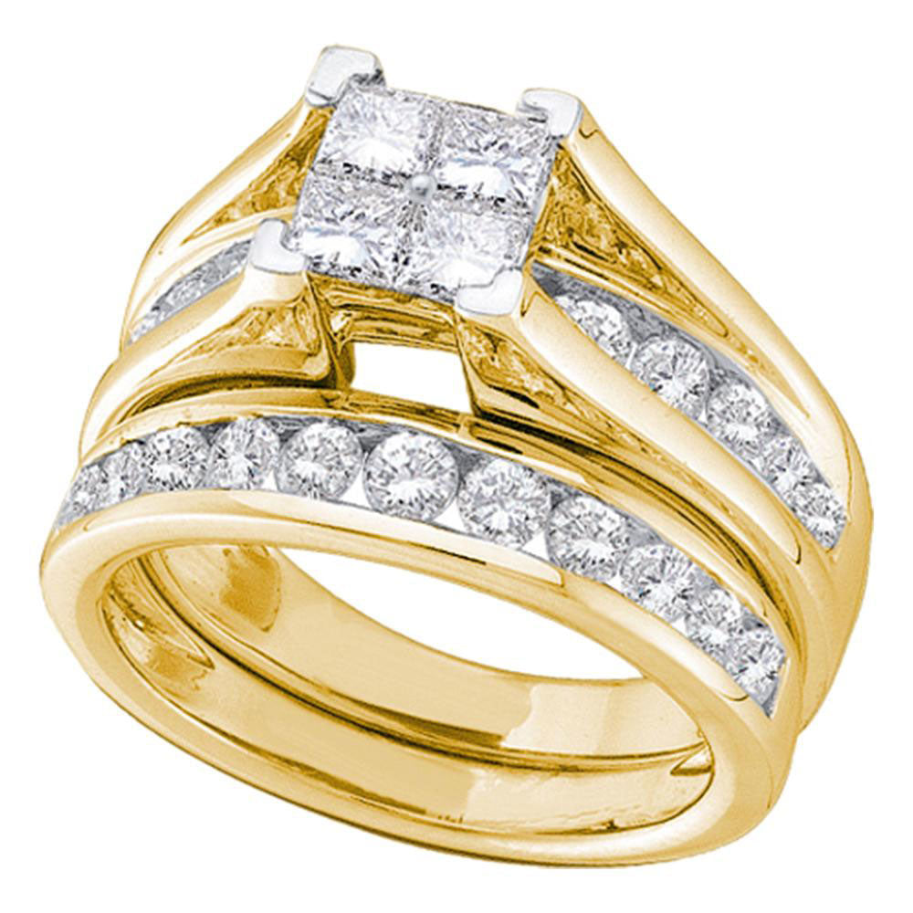 10KT YELLOW GOLD PRINCESS DIAMOND BRIDAL WEDDING RING BAND SET 7/8 CTTW