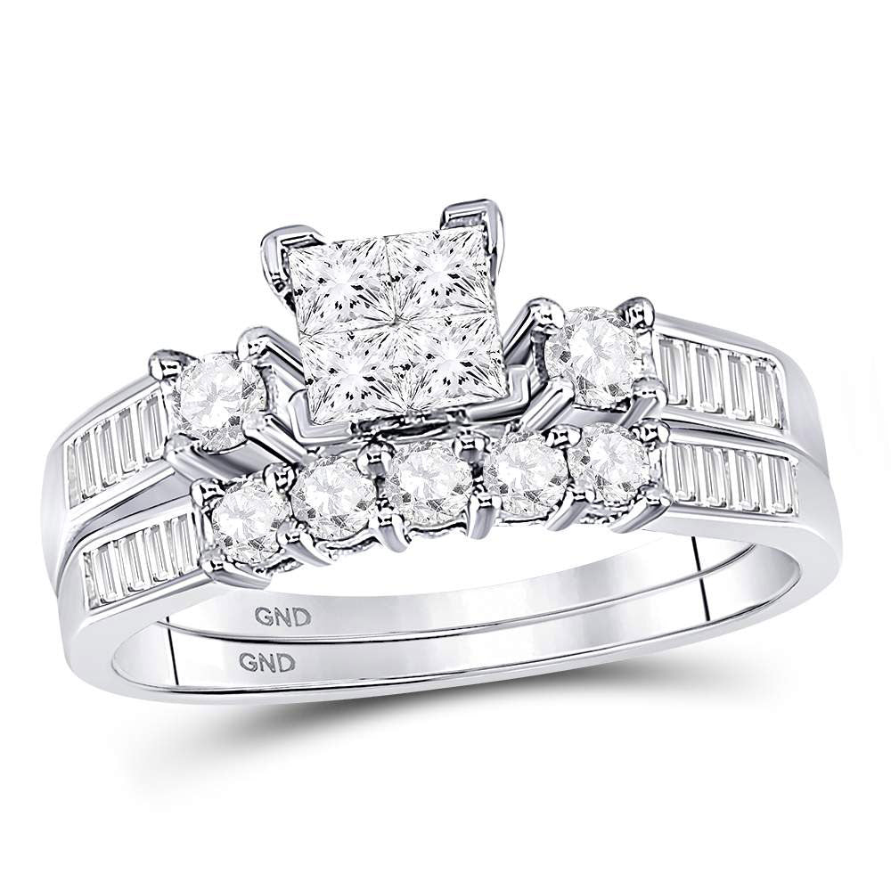 10KT WHITE GOLD PRINCESS DIAMOND BRIDAL WEDDING RING BAND SET 7/8 CTTW