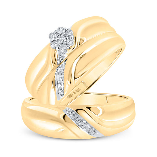 YELLOW-TONE STERLING SILVER HIS HERS ROUND DIAMOND MATCHING WEDDING SET 1/6 CTTW