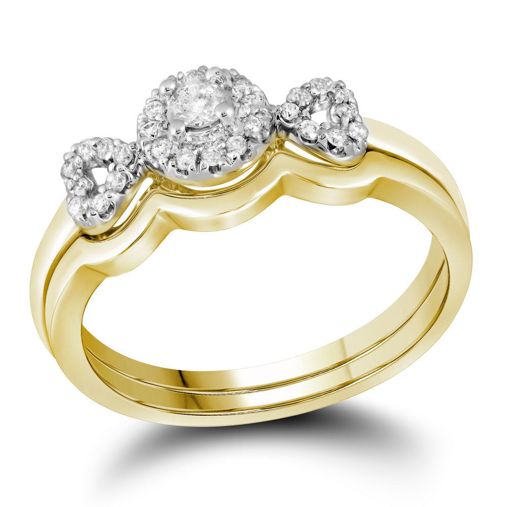 10KT YELLOW GOLD ROUND DIAMOND HALO BRIDAL WEDDING RING BAND SET 1/4 CTTW