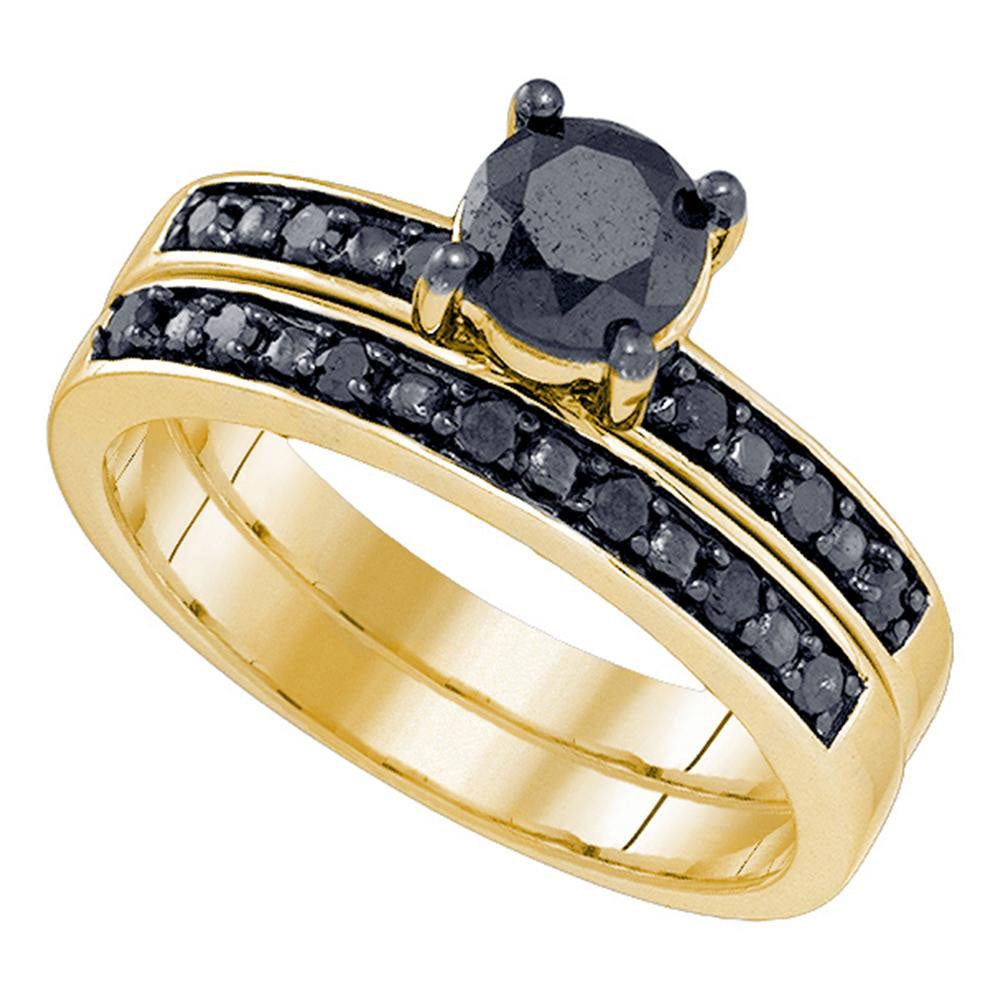 10KT YELLOW GOLD WOMENS ROUND BLACK COLOR ENHANCED DIAMOND BRIDAL WEDDING RING SET 1 CTTW