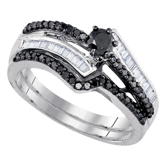 STERLING SILVER WOMENS ROUND BLACK COLOR ENHANCED DIAMOND BRIDAL WEDDING RING SET 3/4 CTTW