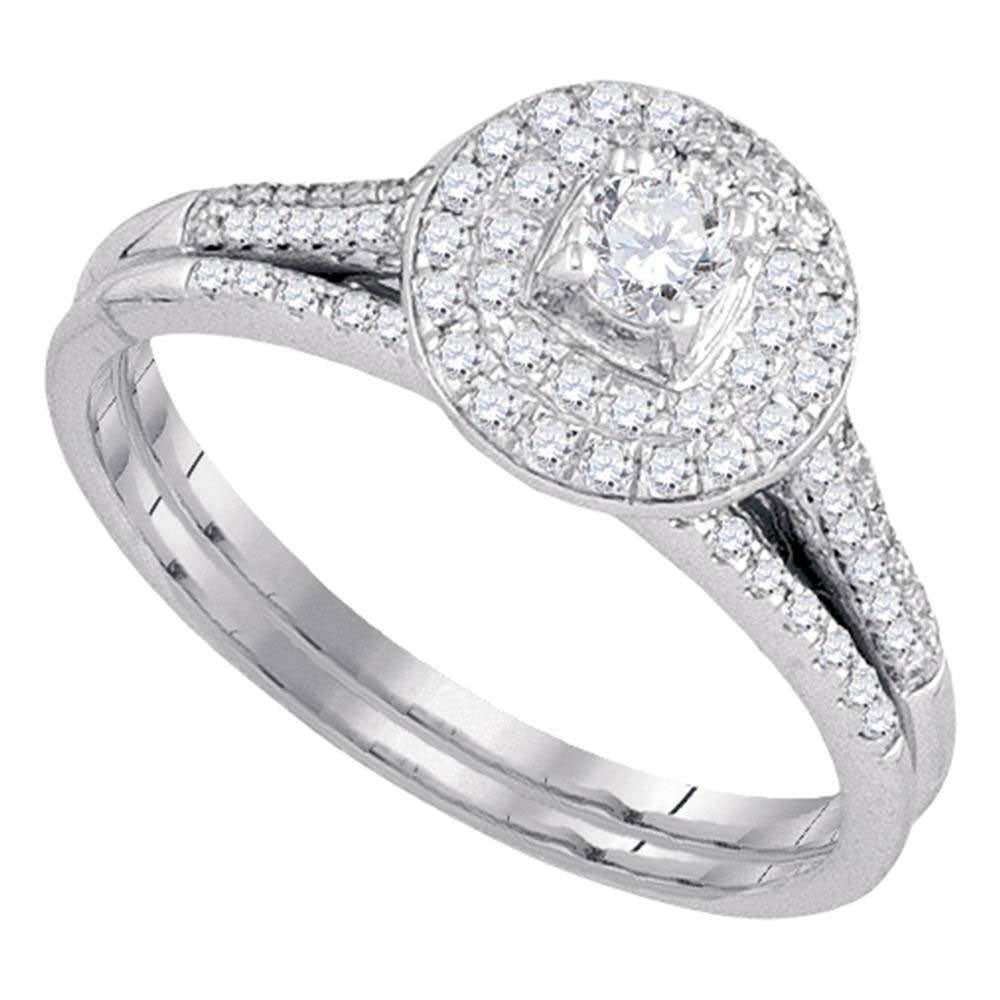 14KT WHITE GOLD ROUND DIAMOND HALO BRIDAL WEDDING RING BAND SET 1/2 CTTW