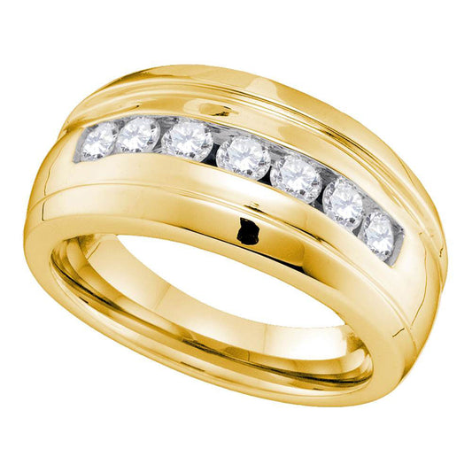 10KT YELLOW GOLD MENS ROUND CHANNEL-SET DIAMOND RIDGED WEDDING BAND RING 3/4 CTTW