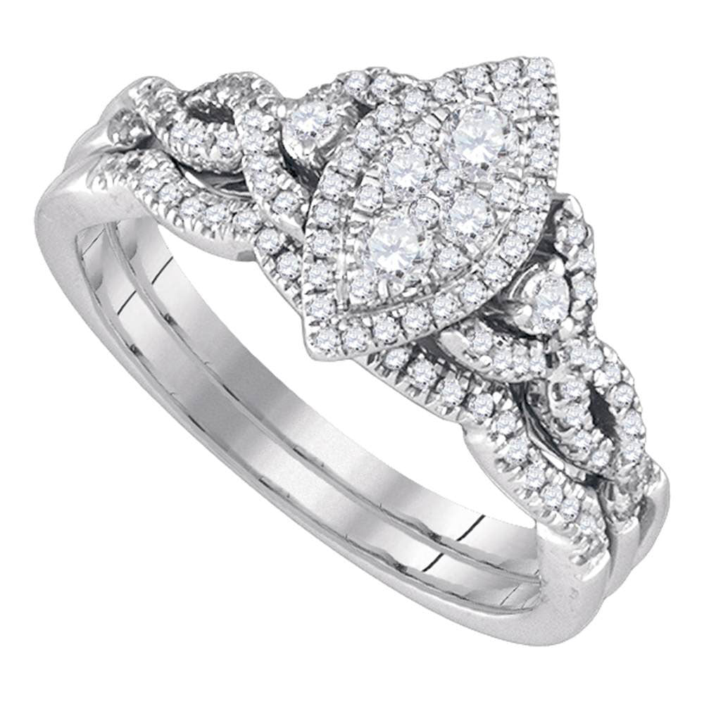 14K WHITE GOLD ROUND DIAMOND MARQUISE-SHAPE CLUSTER WEDDING BRIDAL RING SET 1/2 CTTW