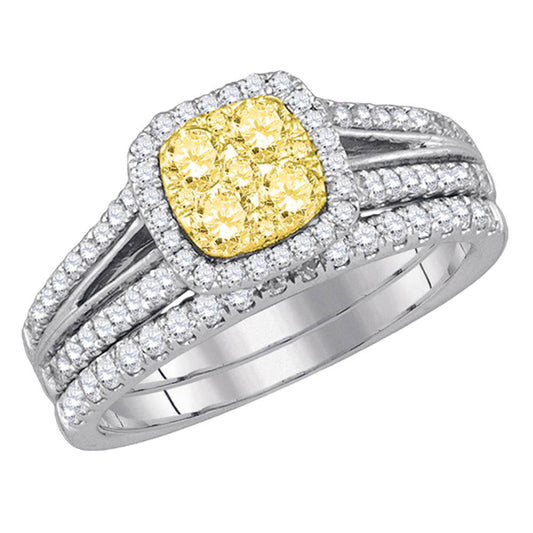 14KT WHITE GOLD WOMENS ROUND YELLOW DIAMOND BRIDAL WEDDING RING BAND SET 1 CTTW