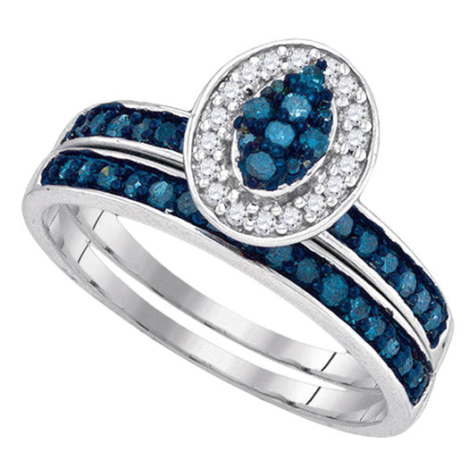 10KT WHITE GOLD WOMENS ROUND BLUE COLOR ENHANCED DIAMOND BRIDAL WEDDING RING SET 1/2 CTTW