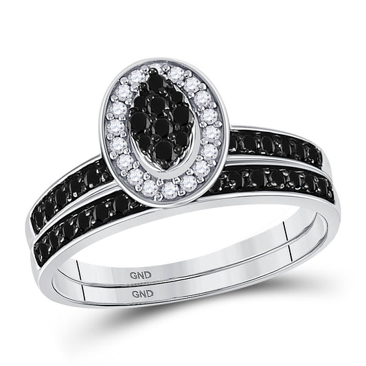 10KT WHITE GOLD WOMENS ROUND BLACK COLOR ENHANCED DIAMOND BRIDAL WEDDING RING SET 1/2 CTTW