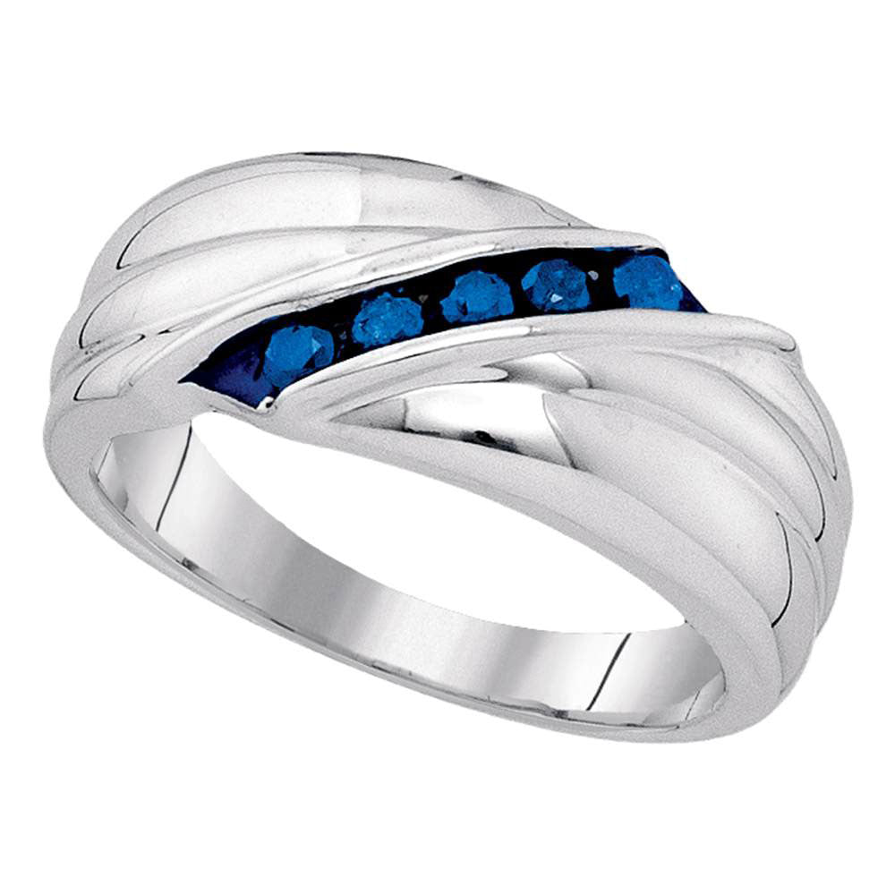 STERLING SILVER MENS ROUND BLUE COLOR ENHANCED DIAMOND WEDDING ANNIVERSARY BAND RING 1/3 CTTW