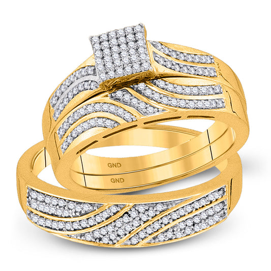 10KT YELLOW GOLD HIS HERS ROUND DIAMOND SQUARE MATCHING WEDDING SET 3/8 CTTW