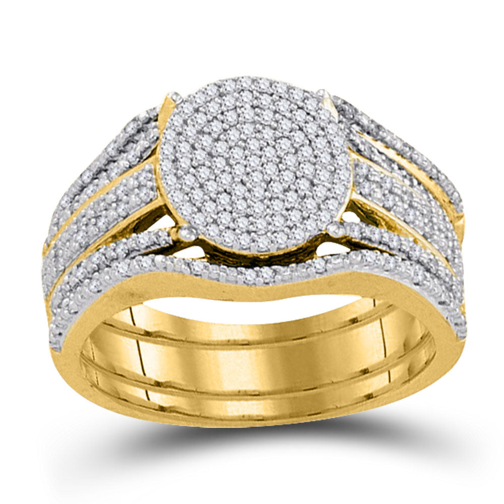 10K YELLOW GOLD ROUND DIAMOND CLUSTER BRIDAL WEDDING RING BAND SET 3/8 CTTW