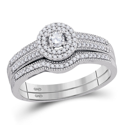 10K WHITE GOLD ROUND DIAMOND HALO BRIDAL WEDDING RING BAND SET 1/3 CTTW