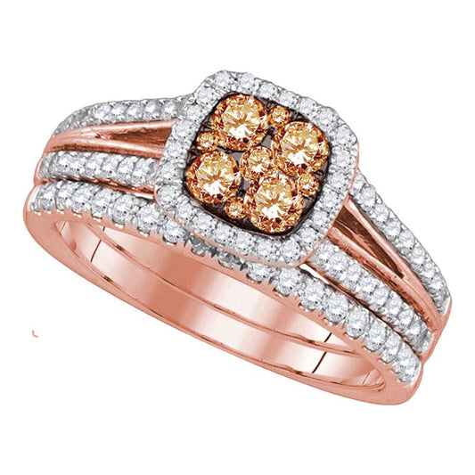 14KT ROSE GOLD WOMENS ROUND BROWN DIAMOND BRIDAL WEDDING RING BAND SET 1 CTTW