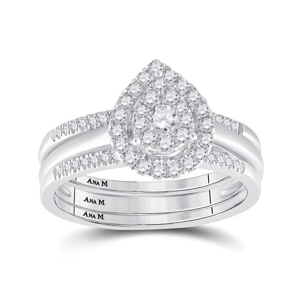 14K WHITE GOLD ROUND DIAMOND TEARDROP CLUSTER 3-PIECE BRIDAL WEDDING RING BAND SET 1/2 CTTW