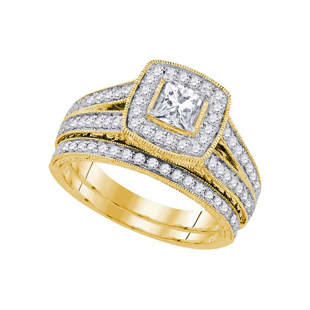 14KT YELLOW GOLD DIAMOND PRINCESS HALO BRIDAL WEDDING RING BAND SET 1-1/4 CTTW