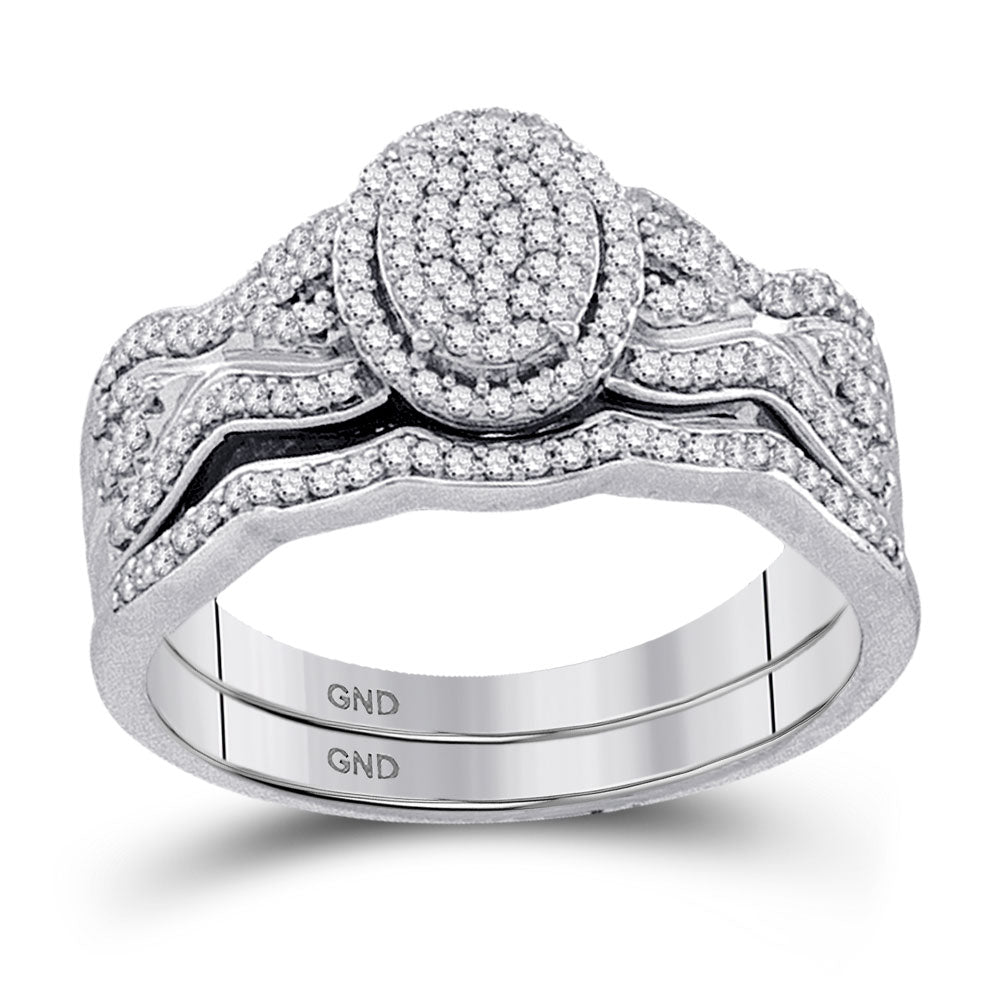 10KT WHITE GOLD ROUND DIAMOND OVAL CLUSTER BRIDAL WEDDING RING BAND SET 3/8 CTTW