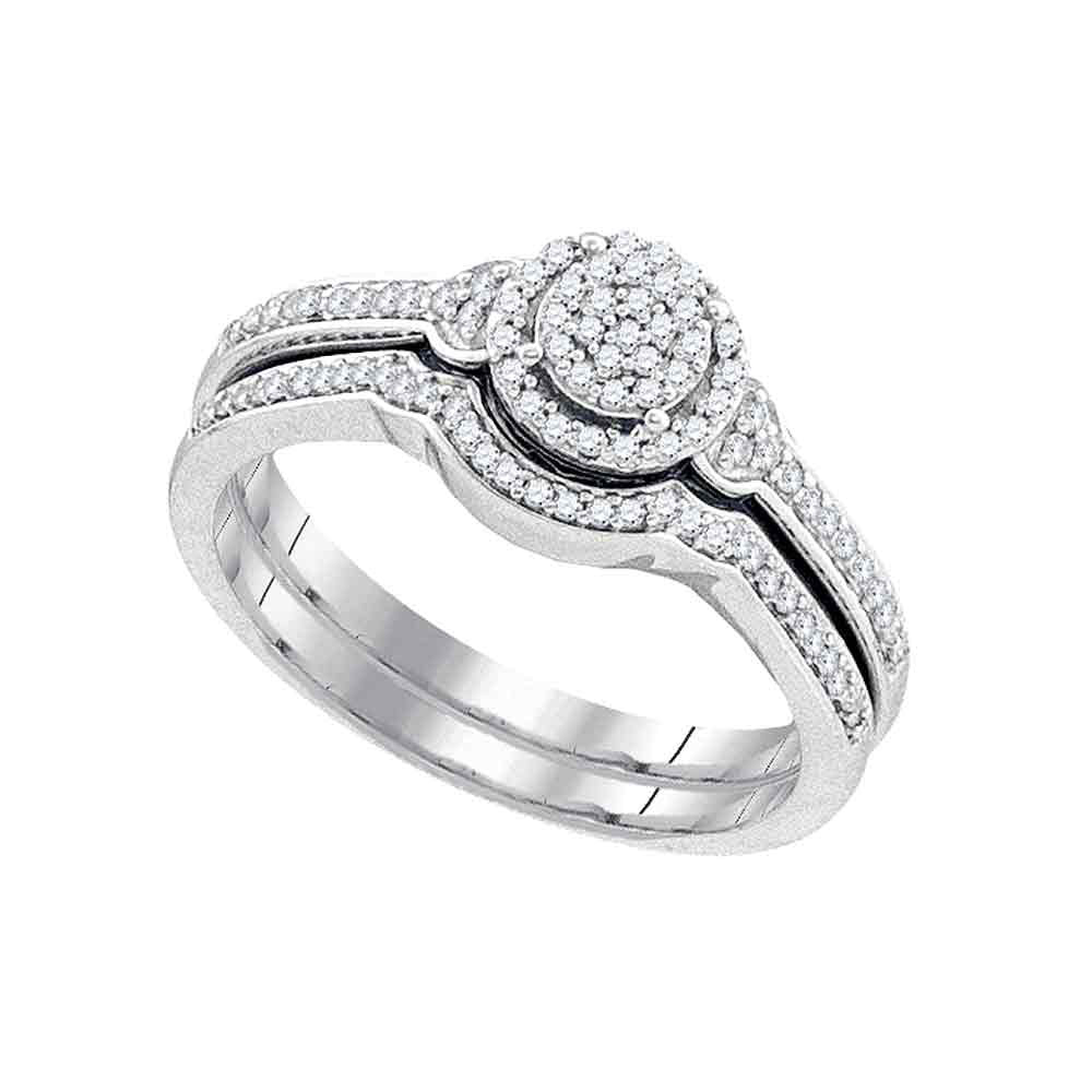 10K WHITE GOLD ROUND DIAMOND CLUSTER BRIDAL WEDDING RING BAND SET 1/4 CTTW