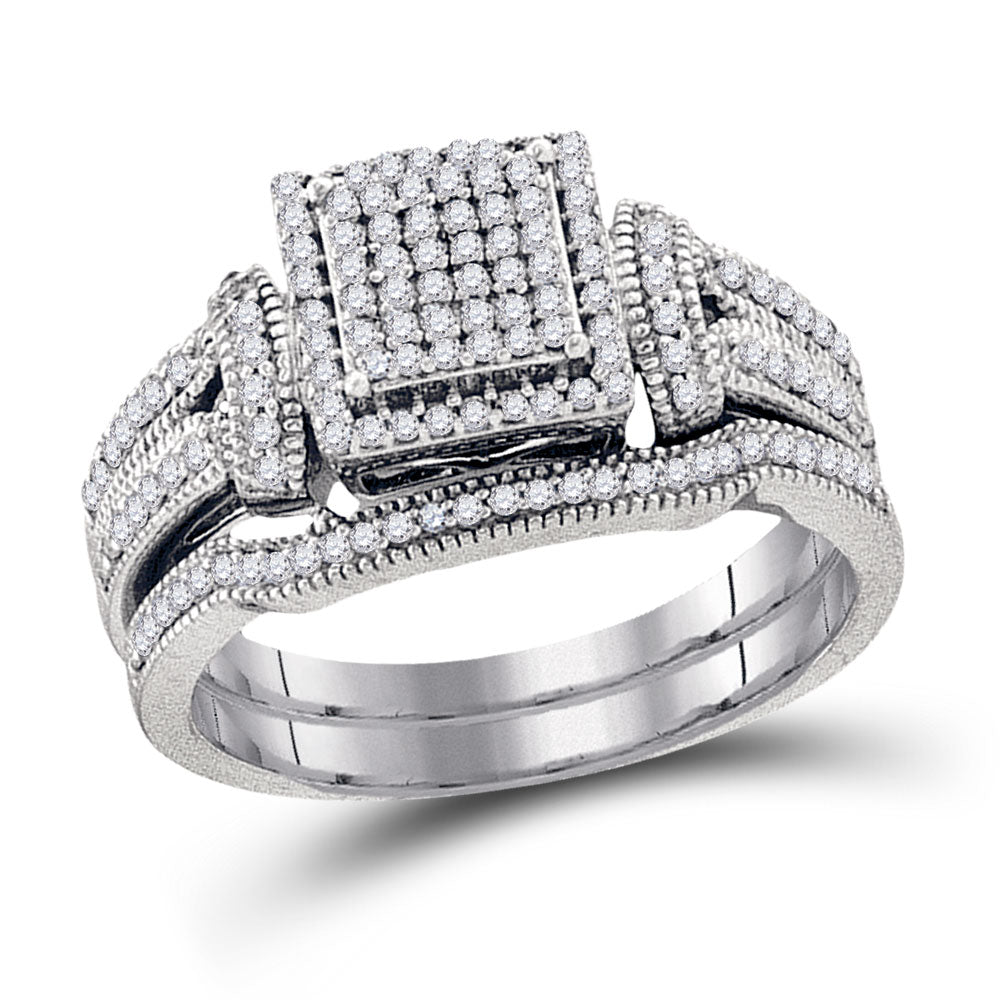 10KT WHITE GOLD DIAMOND CLUSTER BRIDAL WEDDING RING BAND SET 3/8 CTTW