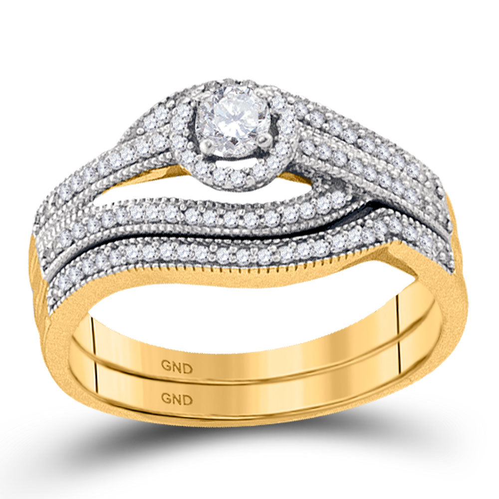 10KT YELLOW GOLD ROUND DIAMOND HALO BRIDAL WEDDING RING BAND SET 3/8 CTTW